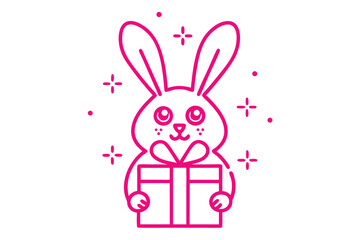 Outline of a bunny holds a gift surrounded by sparkles on a transparent background
