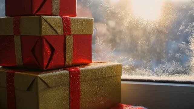 Stacked red and gold gift boxes, captured in a close-up with warm backlighting, create a festive golden glow against a beautiful, icy frosted window.
