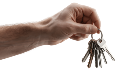 Hand holding a bunch of metal keys isolated on transparent background