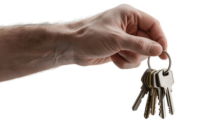 Hand holding a bunch of metal keys isolated on transparent background