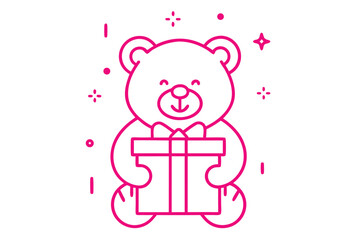 Outlined teddy bear illustration smiles, holding a gift box, with decorative elements on white background