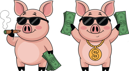 Rich pig cartoon, money stack, dollar necklace, sunglasses style, humorous wealth, playful satire, flat vector illustration