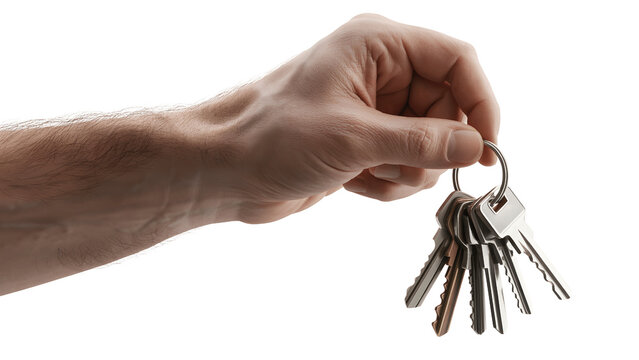 Hand holding a bunch of metal keys isolated on transparent background