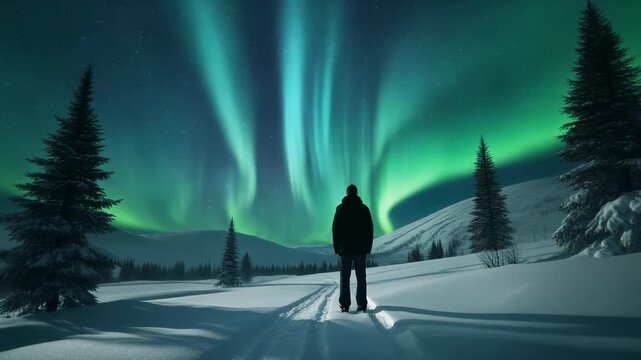 Lone figure gazes at vibrant green aurora borealis dancing in starry night sky over snow-covered landscape with pine trees and rolling hills
