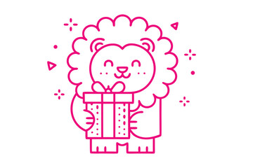 Pink lion outline sweetly holds a dotted present with a bow on a white background