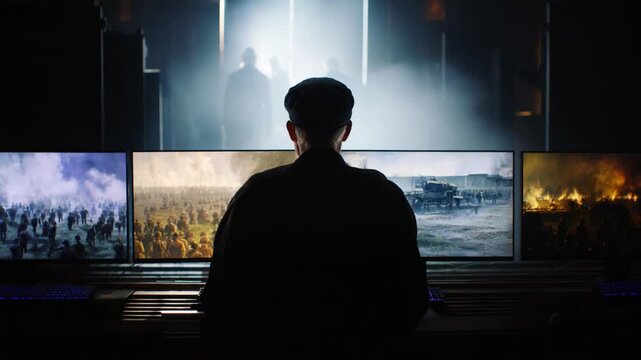 A captivating view of a person immersed in a dramatic scene, orchestrating visuals of a chaotic battlefield across three monitors in a dimly lit environment.