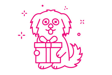 Pink outline fluffy puppy with crossed eyes holds a present on transparent background