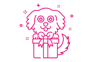 Pink line dog with present looks adorable on a transparent background indeed