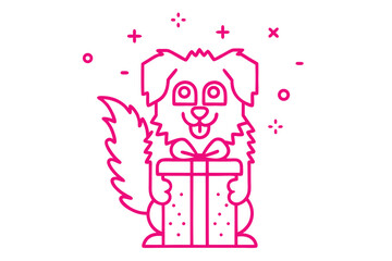 Magenta line art shows a dog holding a dotted present with a bow