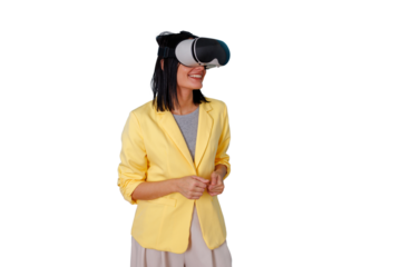 Woman experiencing virtual reality metaverse, future technology, smiling with vr headset, transparent background