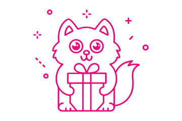 Playful pink outline of a cartoon cat holding a gift box on a white background