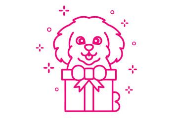 Pink outline sketch shows adorable puppy in gift box with star details; transparent