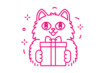 Fluffy outline cat presents pink gift box with joy; it's on transparent background