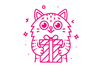 Fuchsia cartoon cat character joyfully presents a rectangular gift with a bow in outline style and transparent background