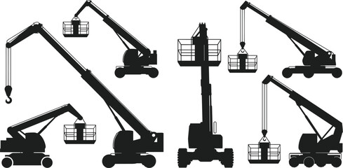 Silhouettes of mobile cranes with telescopic booms and lifting baskets, construction equipment diversity, industrial lifting concept, flat vector illustration © Creative_design