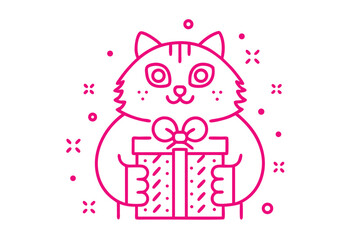 Pink fluffy cat is holding a gift with a bow on transparent background