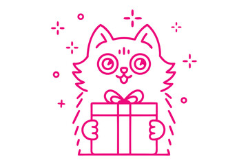 Magenta line art presents cat holding a gift with sparkles, transparent background