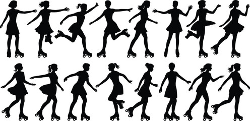 Silhouettes of roller skating woman in dynamic poses, motion variety, skating techniques, dress outfit, flat vector illustration