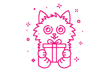 Pink outline kitten holds a present adorned with ribbon and dots against white