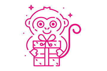 Happy magenta monkey smiles while holding a lovely gift box on transparent backdrop