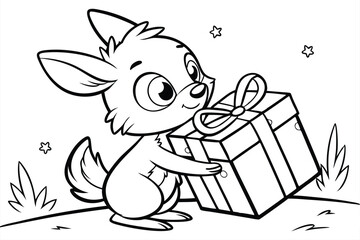 Smiling cartoon puppy hugs a large wrapped gift box with stars, outlined coloring page