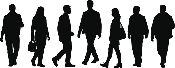 Silhouettes of diverse people walking in various directions, casual motion, urban lifestyle, body language study, flat vector illustration