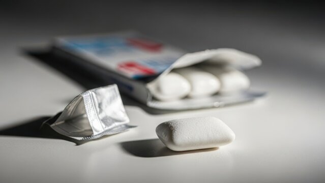 A close-up of a single piece of white chewing gum on a grey background. Fresh mint candy with its wrapper and package. Oral hygiene and fresh breath concept