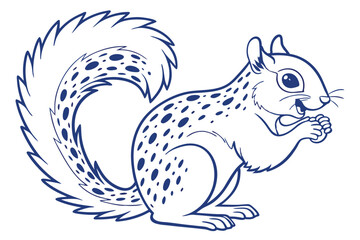 Detailed line art shows a cute squirrel with a bushy tail eating something
