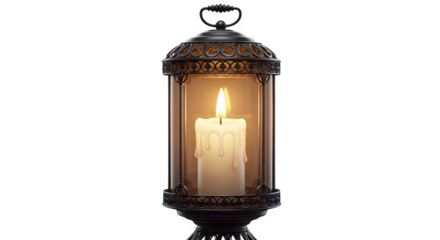 Ornate antique lantern with burning candle inside, isolated on transparent background