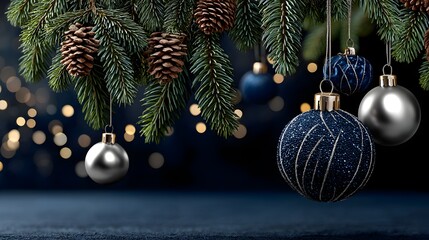 Festive Christmas ornaments hanging from pine tree branches with pinecones