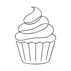 Elegant continuous line art drawing of a cupcake with swirled frosting on a white background