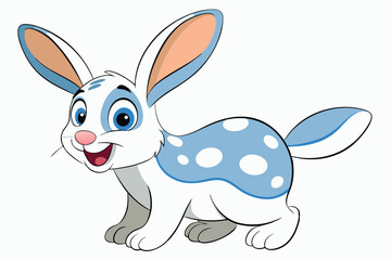 Joyful cartoon rabbit with blue spots and big eyes happily looks forward with transparent background
