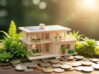 Model house with solar panel and stacks of coins. Sustainable home investment concept. Real estate and property financing.