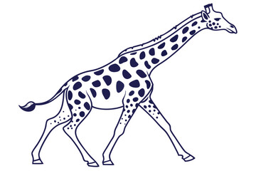 Spotted giraffe walks gracefully, outlined in dark blue, presented on a transparent background