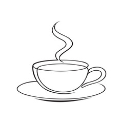 Minimalist black and white continuous line drawing of a steaming hot beverage cup on a saucer
