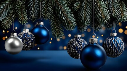 Elegant blue and silver Christmas ornaments hanging from tree branches