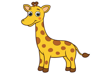 Happy giraffe stands showing its yellow body and brown spots on transparent backdrop