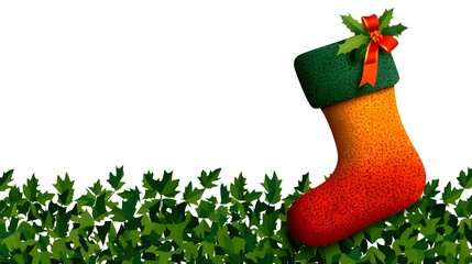 Vibrant Christmas stocking with holly on green leaves
