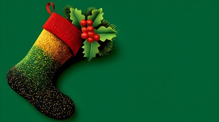 Vibrant Christmas stocking with holly on green background