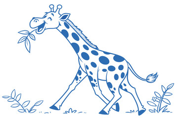 Joyful giraffe cheerfully munches a leafy sprig while walking across the grassland; transparent background