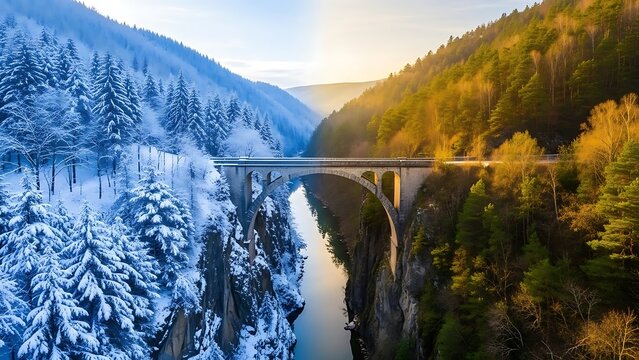 Dramatic bridge over a river valley, split between snowy winter pines and vibrant autumn forest