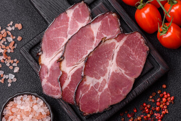 Meat, smoked ham, or pork sausage sliced for breakfast sandwiches. Sliced ham