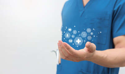 close up specialist doctor man hand show virtual program of telemedicine with virtual icon of medical for modern an innovation of healthcare technology concept