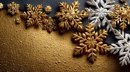 Golden and white snowflakes on textured black and gold background