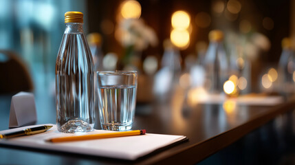 Plastic water bottles drinking glasses with pencil and papers setup on table heavily defocused hotel conference room background prepared for seminar or business meeting event
