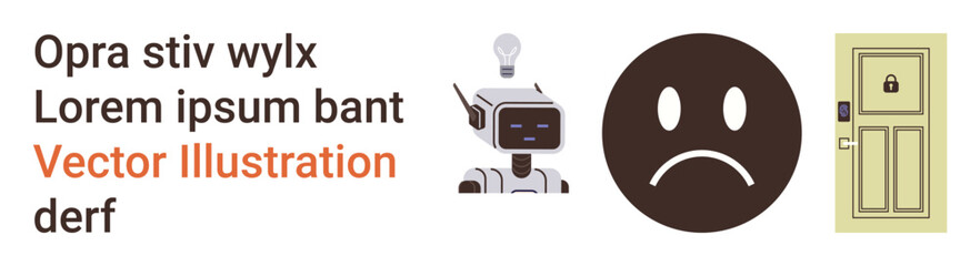Artificial intelligence, technology security, emotions, identity verification, innovation, data protection. Robot with a light bulb, sad face emotion and locked door. Technology and security
