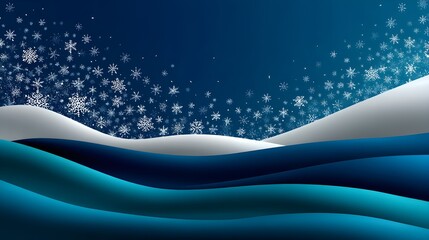 Snowy winter landscape with gentle hills and falling snowflakes