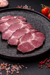 Meat, smoked ham, or pork sausage sliced for breakfast sandwiches. Sliced ham