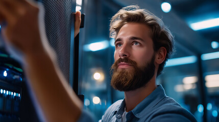 Faceless bearded IT specialist setting servers in data center heavily defocused technology background anonymous professional with network infrastructure computer systems