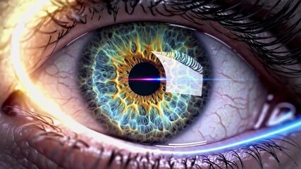 Eye technology transformation digital space abstract visuals futuristic environment close-up view vision enhancement concept